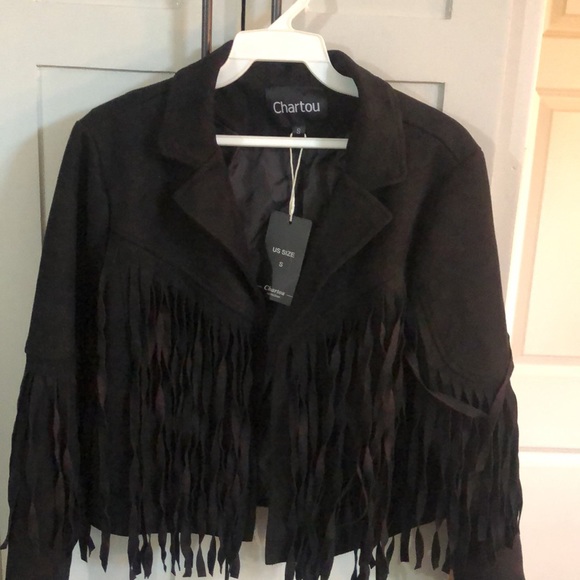 CHARTOU Women's Chic Cropped Tassel Faux Suede Moto Fringe Jacket - Black - Picture 7 of 9